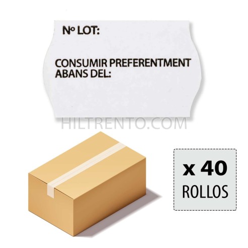 Etiquetas 26x16 Alimentarias, Nº lot, Consumir preferentment, en catalán / valenciano, blancas, permanente - Caja 40 rollos