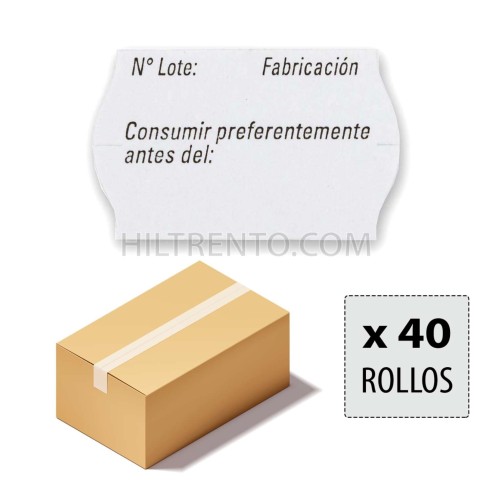 Etiquetas 26x16 Alimentarias, Nº lote, Fabricación, Consumir preferentemente, blancas adhesivo permanente - Caja 40 rollos